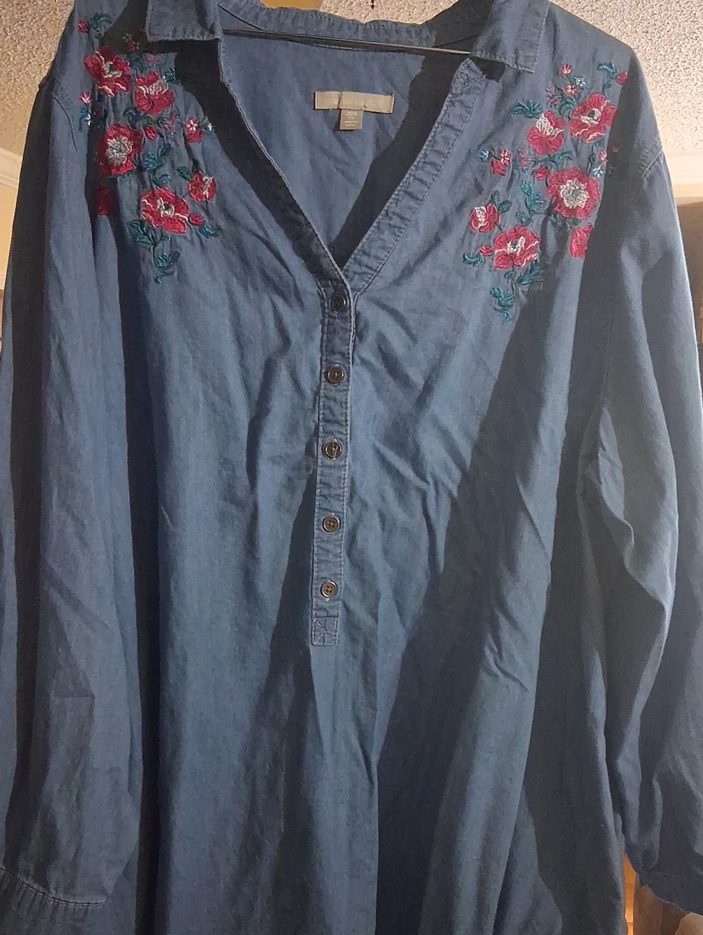 Woman Within Indigo V-Neck Tunic with Red Floral Embroidery